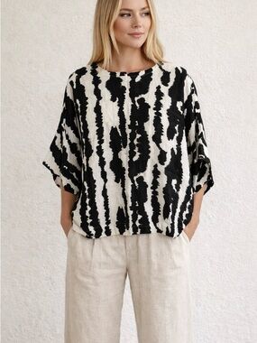 M&S Pure Linen Oversized Top Black White Abstract Print Relaxed Fit US 18 (L–2X)